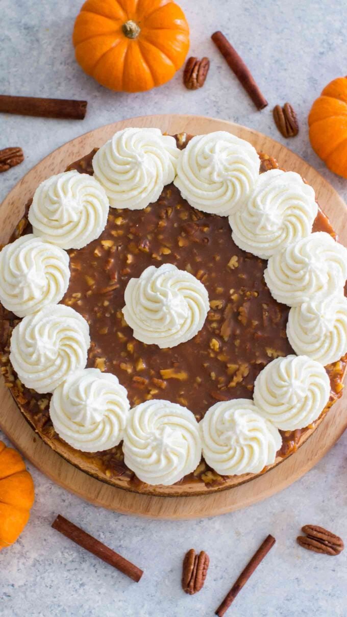 Cheesecake Factory Pecan Pie Pumpkin Cheesecake with pumpkins next to it