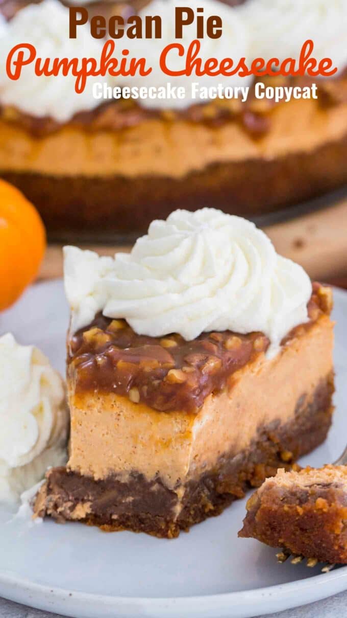 Pecan Pie Pumpkin Cheesecake Copycat Recipe topped with pecan pie filling and whipped cream