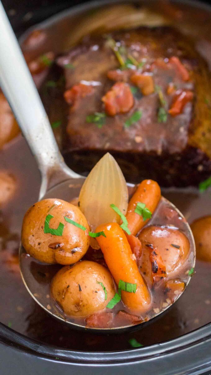 Slow cooker yankee pot roast with carrots and potatoes photo.