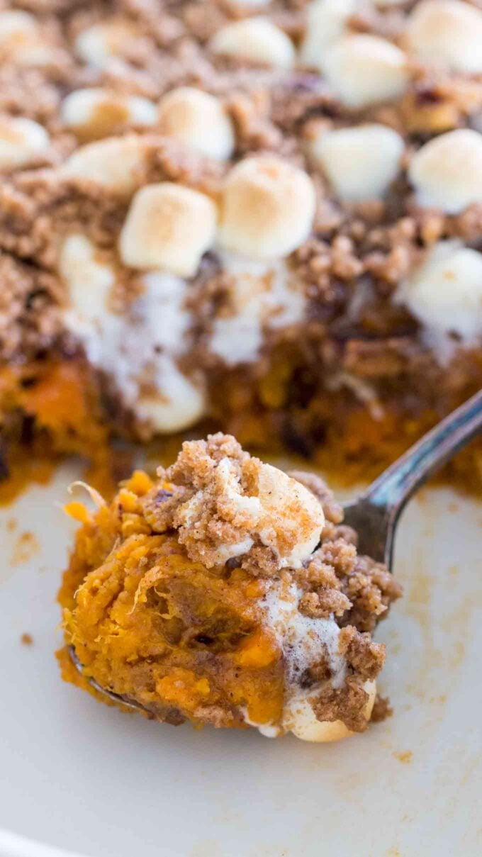 Sweet potato casserole on a silver fork