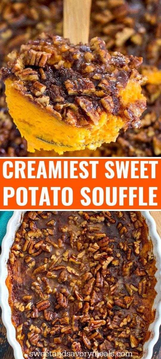 Sweet potato souffle with pecans photo with text overlay for pinterest