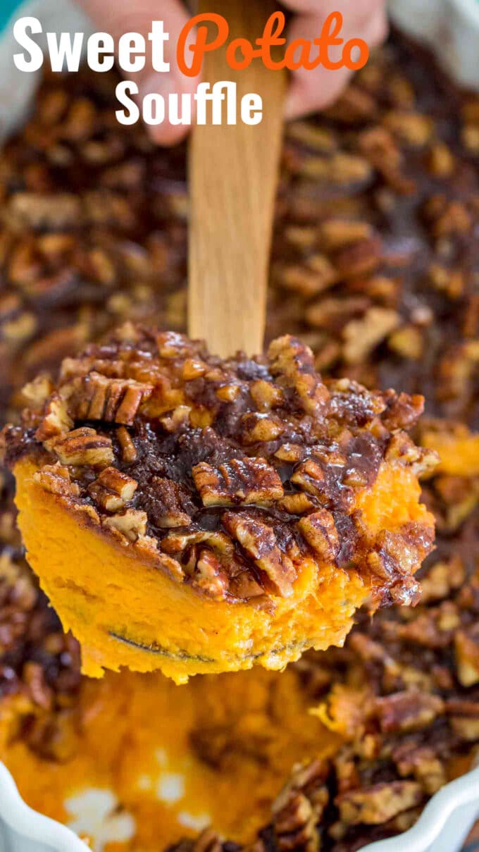 Homemade sweet potato souffle on a wooden spoon with text overlay that reads sweet potato souffle