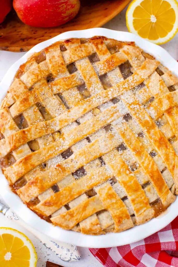 overhead shot of golden brown apple pie