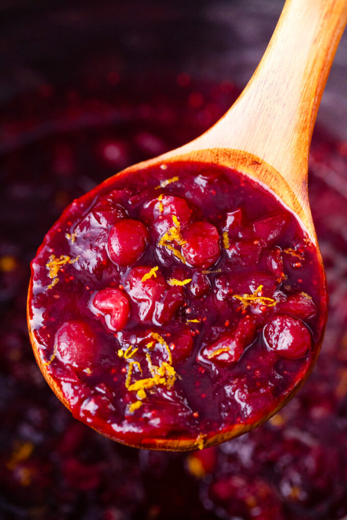A ladle of juicy Instant Pot cranberry sauce.