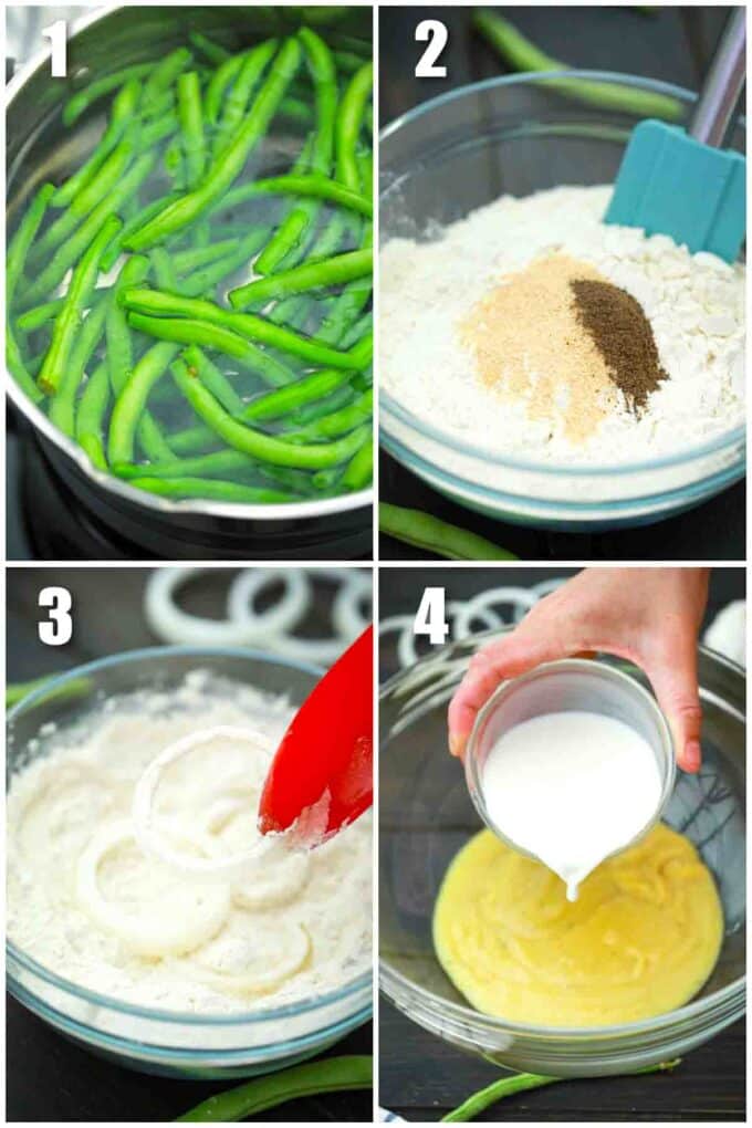 photo collage of how to make green bean casserole