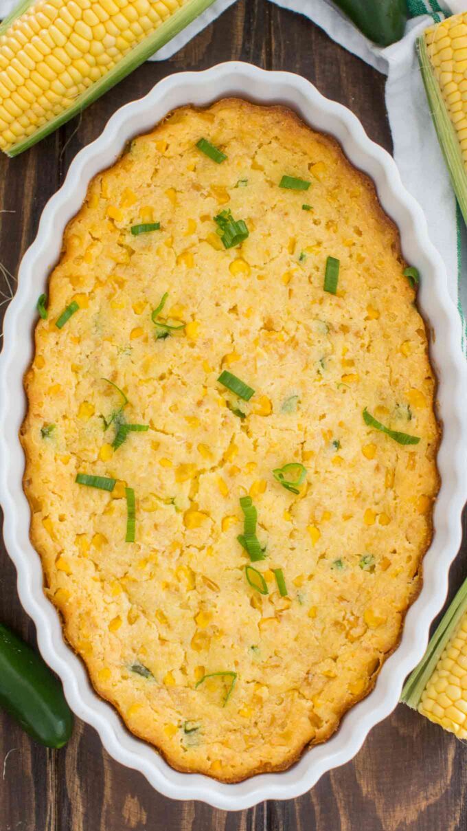 Corn Casserole garnished with chopped green beans