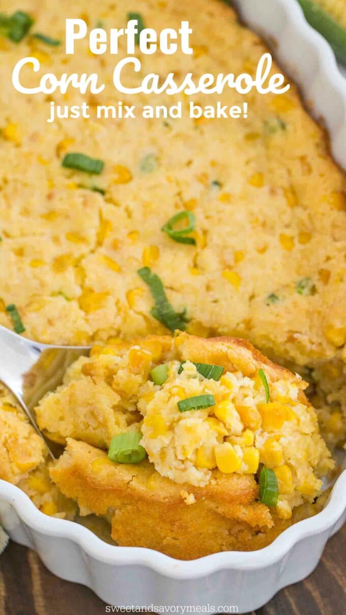 Homemade Corn Casserole in a white baking dish. 