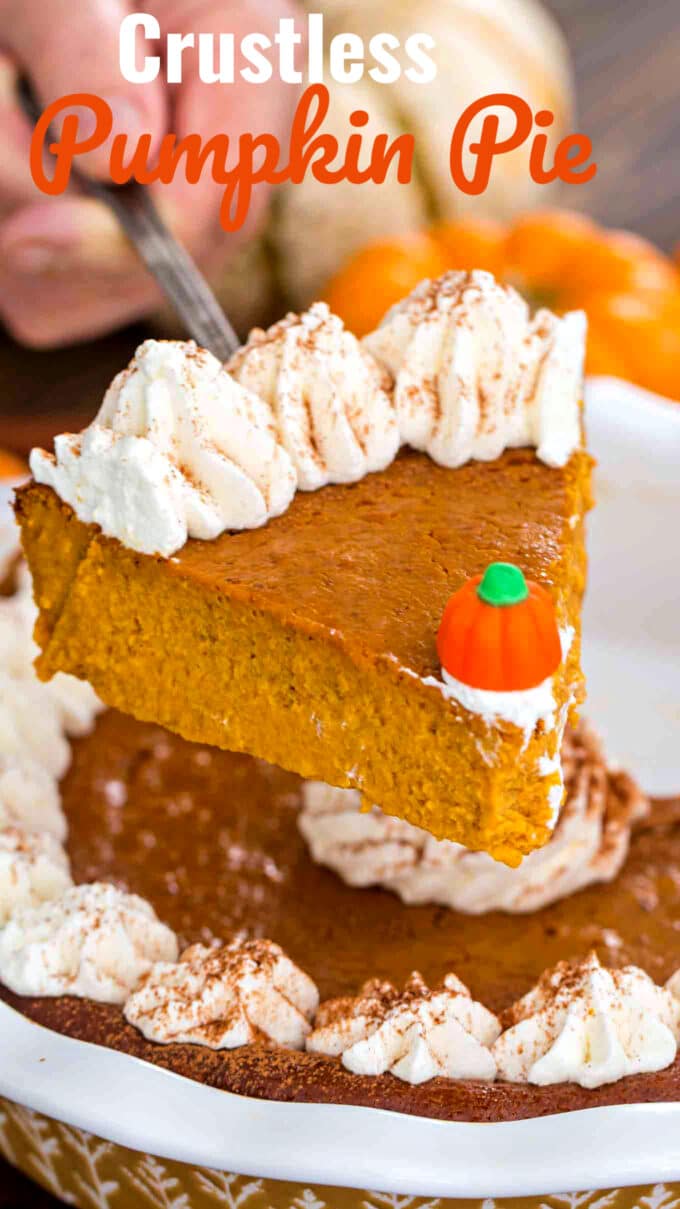 A slice of homemade pumpkin pie without the crust and with text overlay