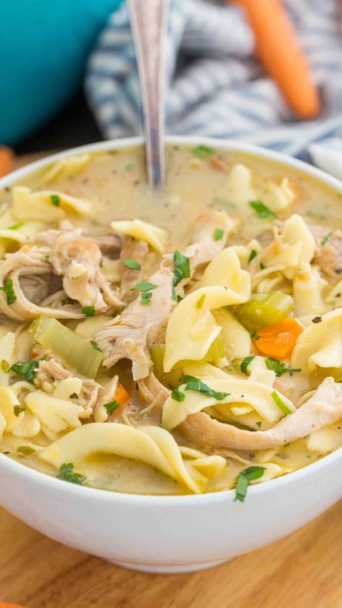 Picture of homemade chicken noodle soup in a white bowl. 