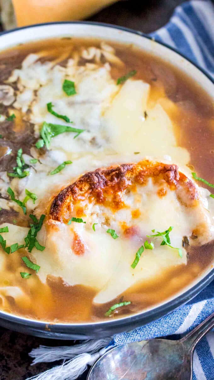 Bowl of freshly cooked instant pot french onion soup