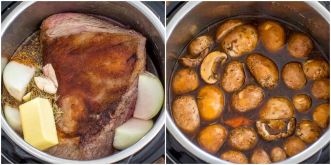 photo collage of how to cook pot roast and veggies in the instant pot