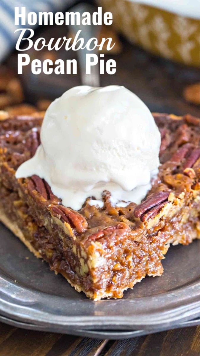 Bourbon Pecan Pie topped with a dollop of vanilla ice cream