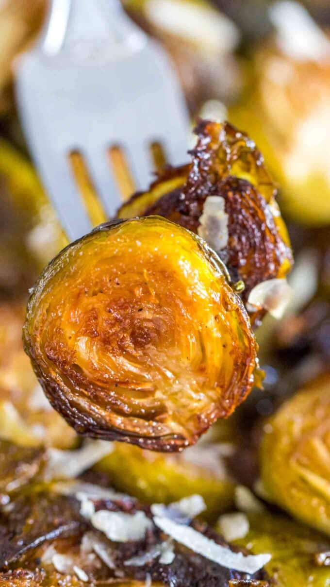 Oven Roasted Brussels Sprouts on a silver fork