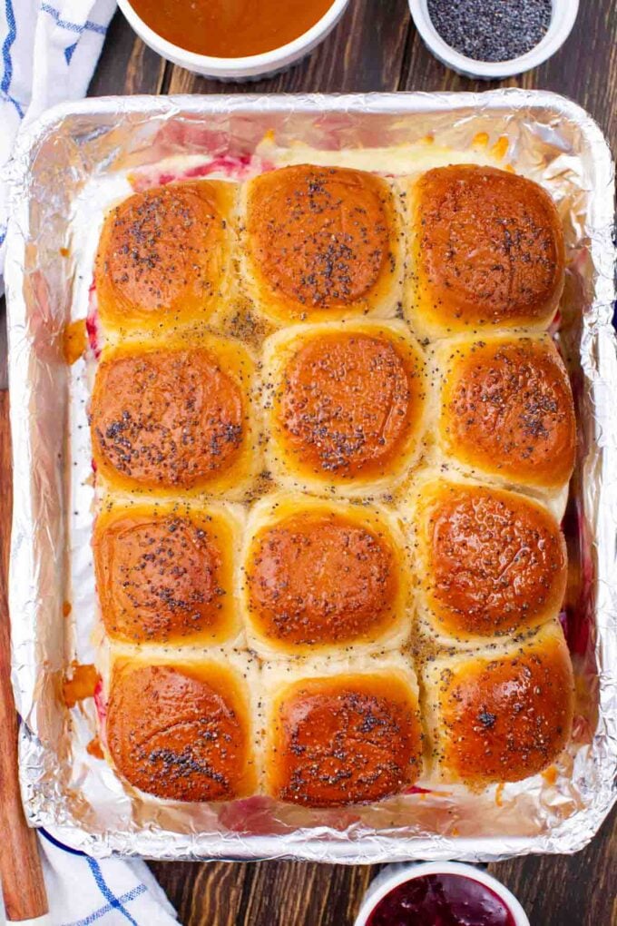 overhead shot of baked Hawaiian turkey sliders