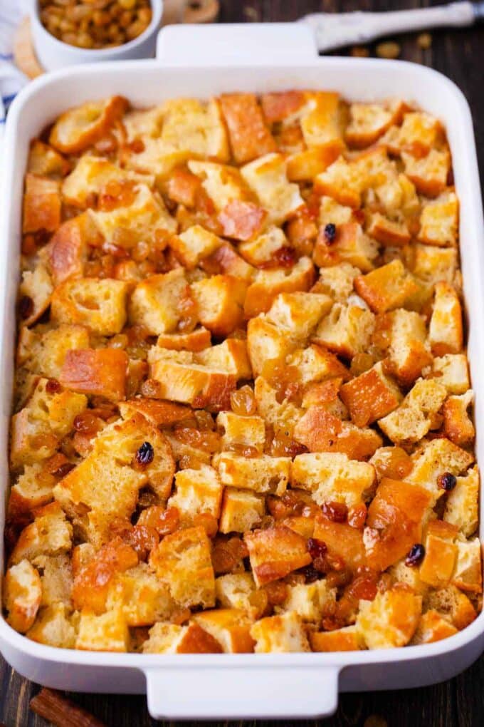 baked bread pudding in a baking dish