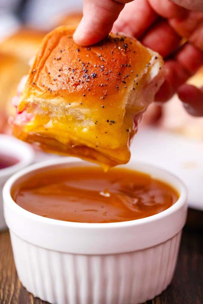 dipping a turkey slider in gravy