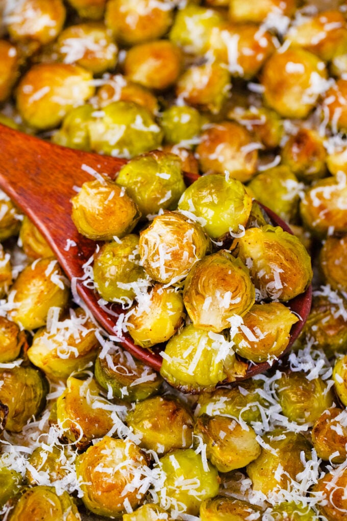 A sheet pan of crispy roasted Brussels sprouts.