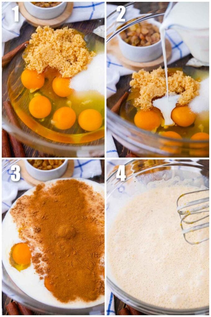 collage showing how to make the milk and egg mixture for bread pudding