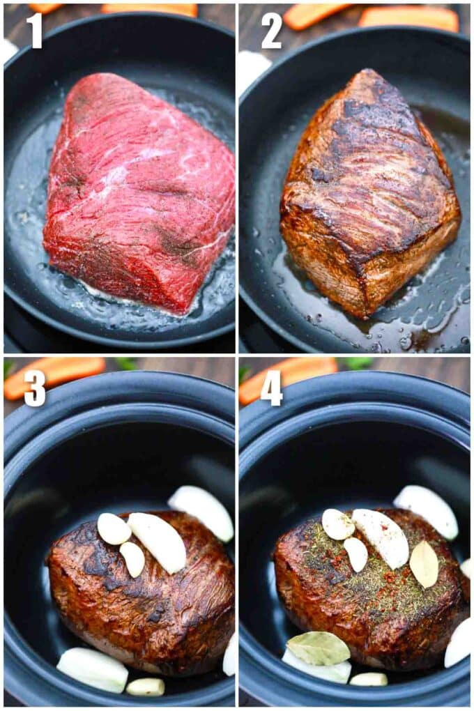 photo collage of steps how to make slow cooker london broil