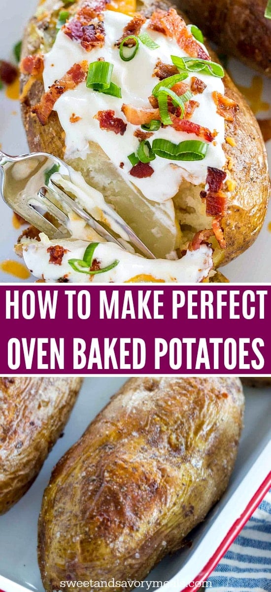 Roasted baked potatoes topped with sour cream bacon and green onion for Pinterest