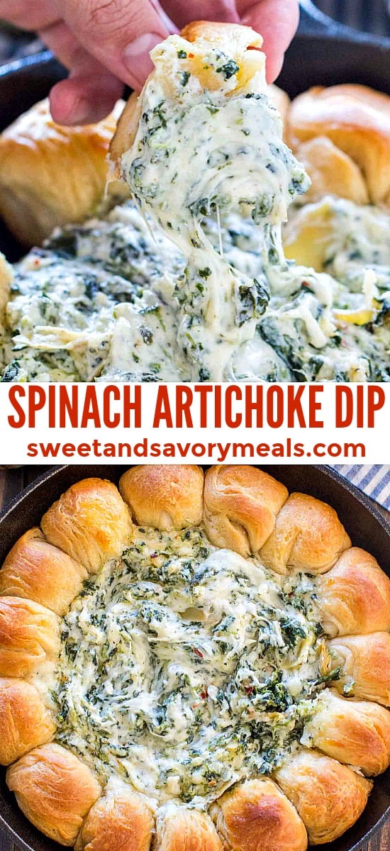 Spinach Artichoke Dip is super gooey and cheesy, surrounded by biscuit rolls, all baked in one skillet. Loaded with spinach, marinated artichokes, and cheeses, it is the perfect bubbly and creamy appetizer. #appetizer #dip #easyrecipe #partyfood #cheese #cheesedip #spinachdip #sweetandsavorymeals #vegetarian