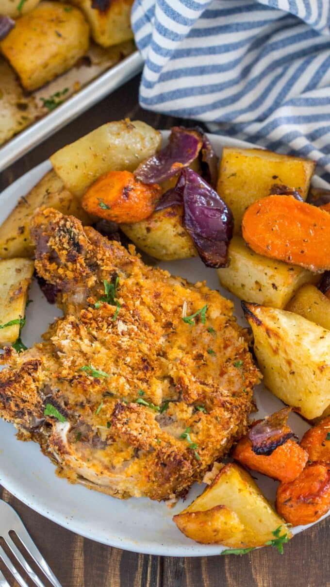 shake and bake pork chops with roasted potatoes and carrots