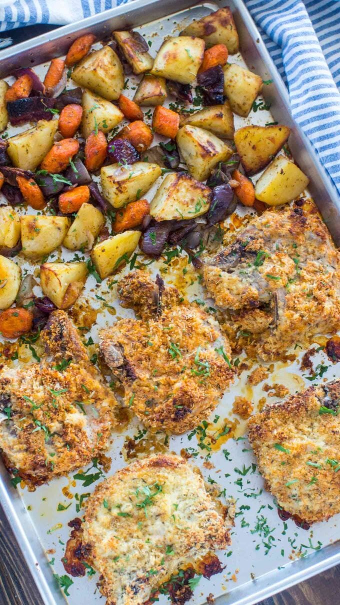 one pan crispy shake and bake pork chops and roasted veggies