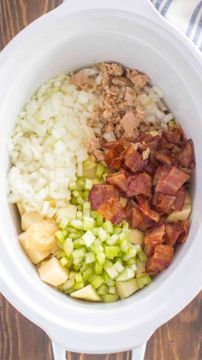 Clam chowder ingredients in the crockpot