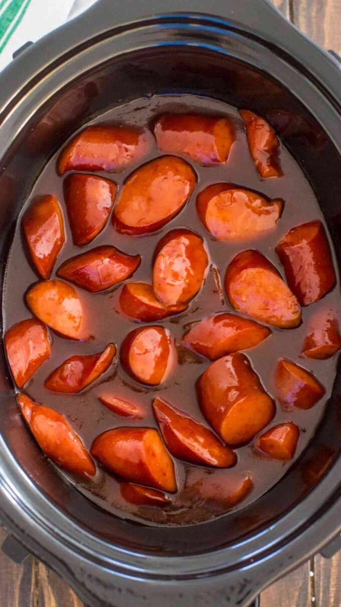 Picture of kielbasa cooked in the crockpot.