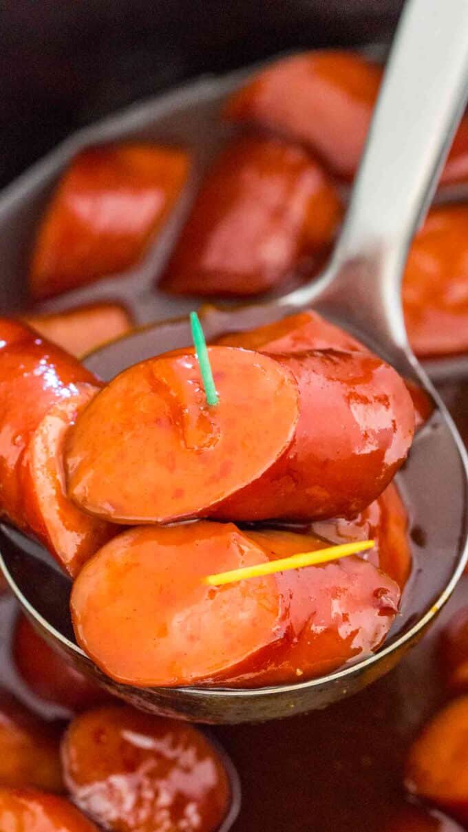 Image of slow cooker kielbasa in barbecue sauce. 