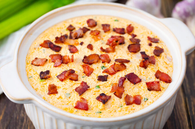 Buffalo crack chicken dip before baking it.