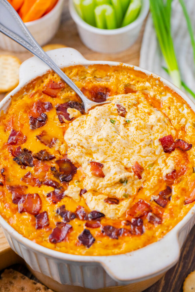 Very creamy and cheesy, homemade Buffalo crack chicken dip.