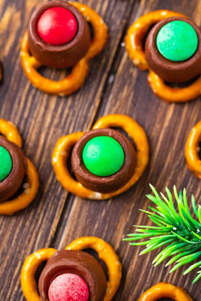 Rudolph noses from pretzels, Rolos, and M&M's.