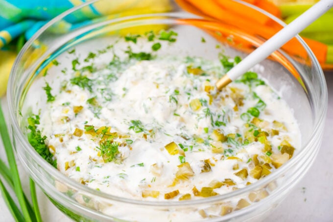 Dill pickle dip mixed in a bowl.