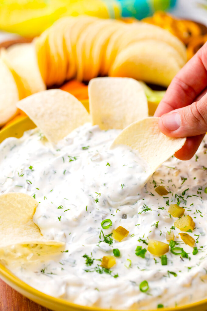 Dill pickle dip on a potato chip.