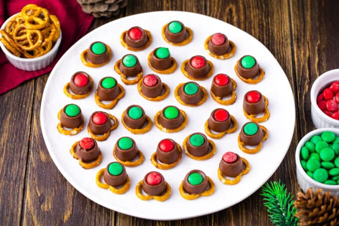 A plate of Rudolph noses from pretzels, Rolos, and M&M's.