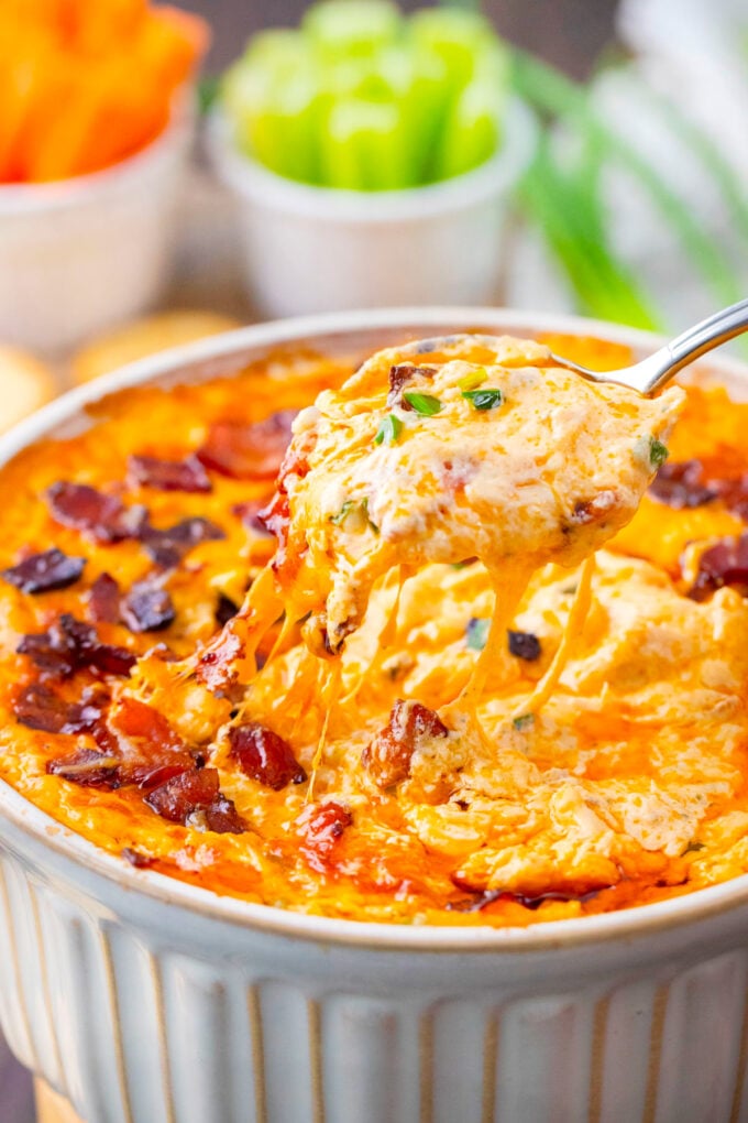 A spoonful of very cheesy, homemade Buffalo crack chicken dip/