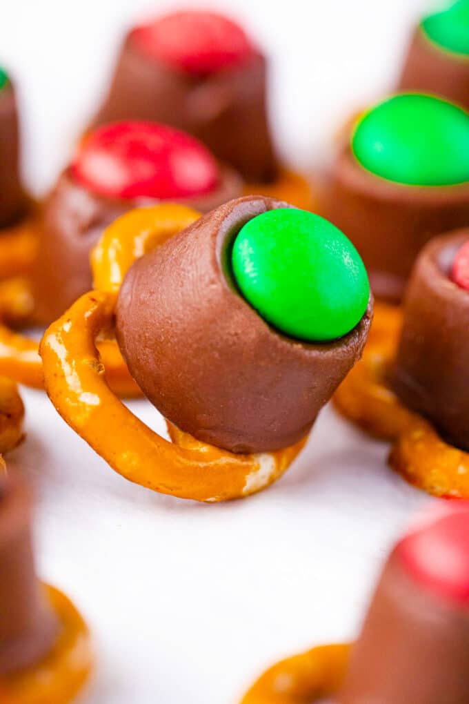 Rudolph noses from pretzels, Rolos, and red and green M&M's.