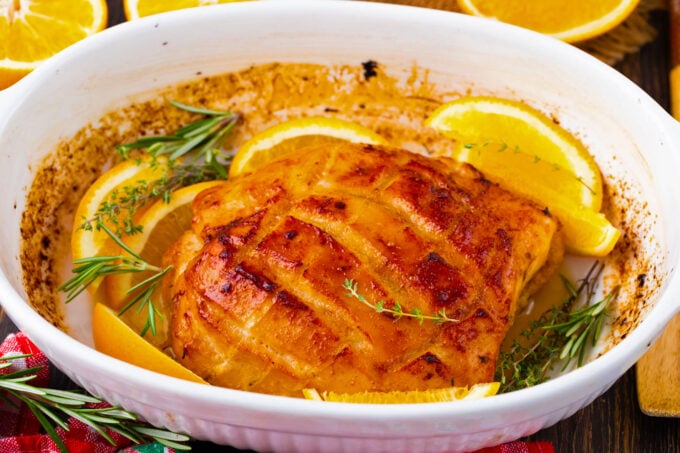 Oven roasted turkey breast with oranges and herbs.
