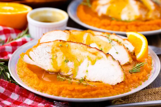 Oven roasted turkey breast with mashed sweet potatoes.