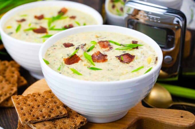 bowls of creamy slow cooker clam chowder