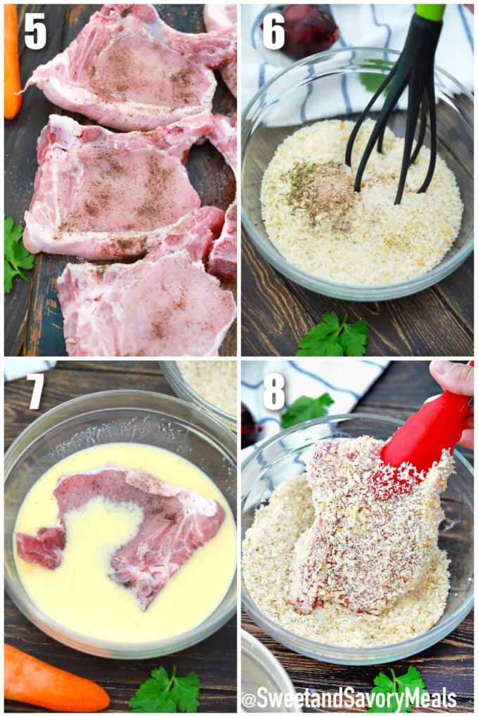 photo collage of steps how to make shake and bake pork chops