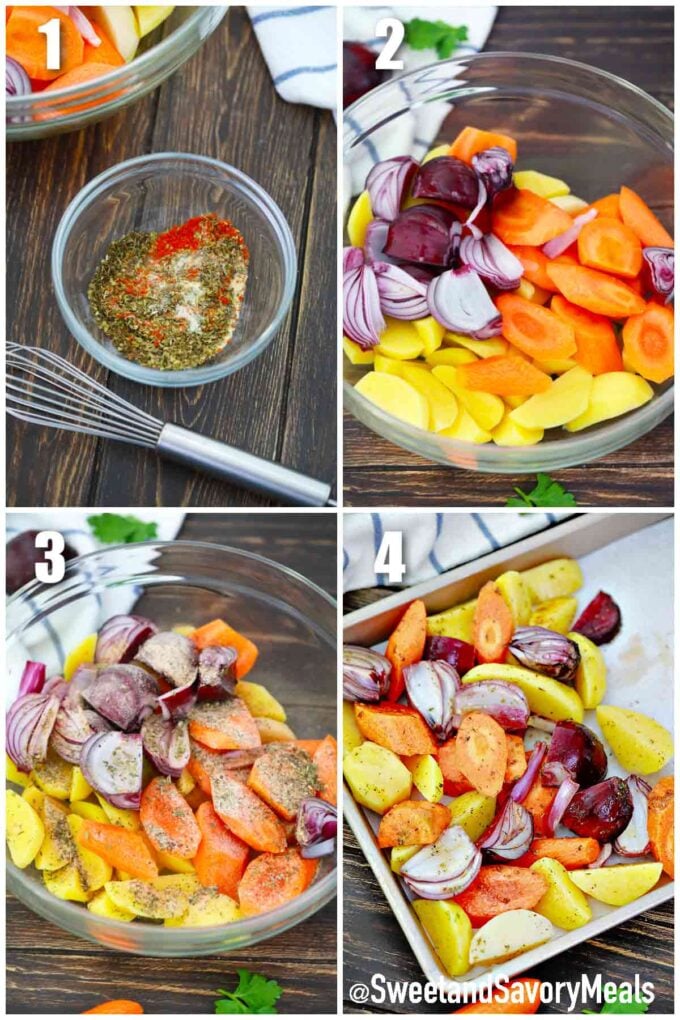photo collage of steps how to prepare roasted veggies