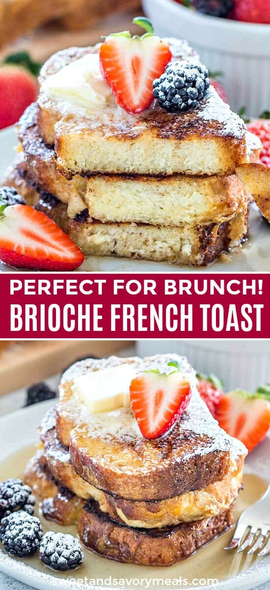 Immagine di brioche French toast condita con fragole e more.