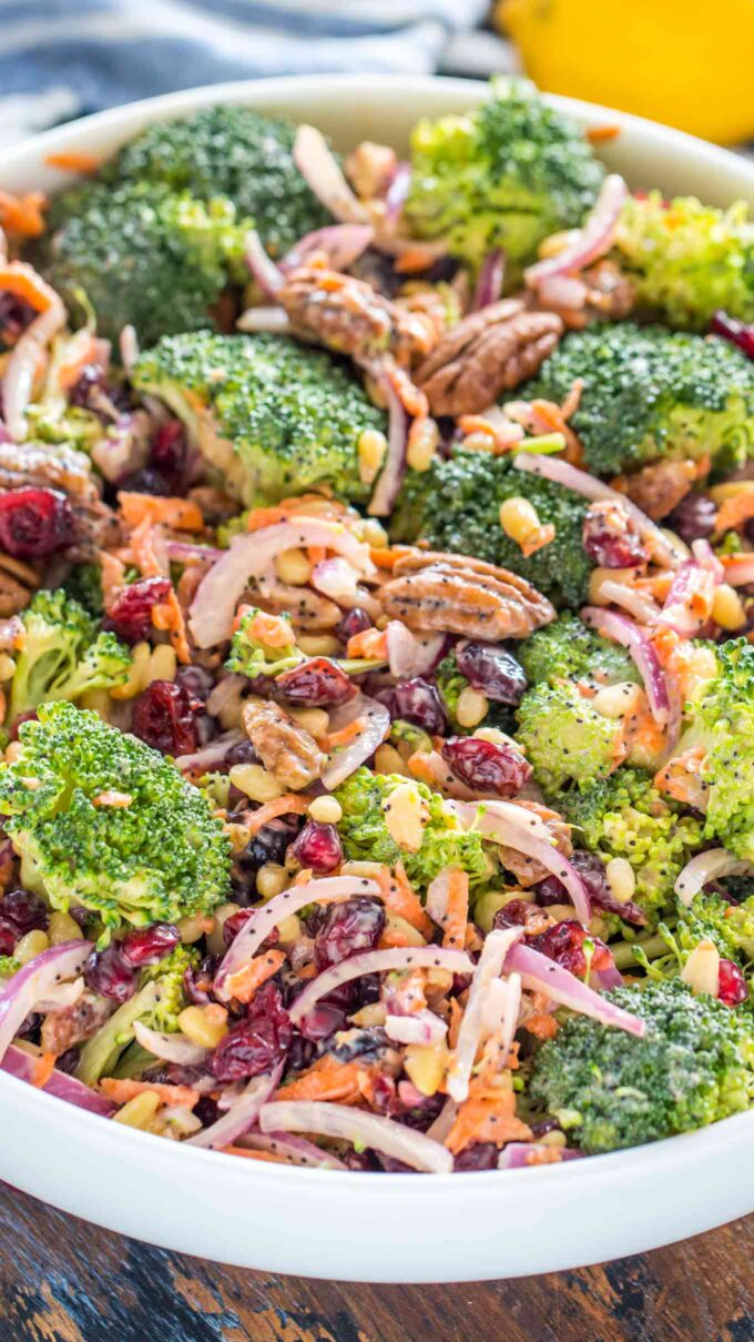 homemade Broccoli Salad with pecans, cranberries, and raw broccoli