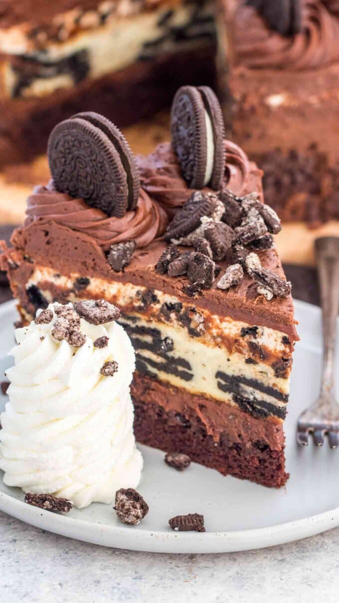 Photo of dream extreme oreo cheesecake with whipped cream. 