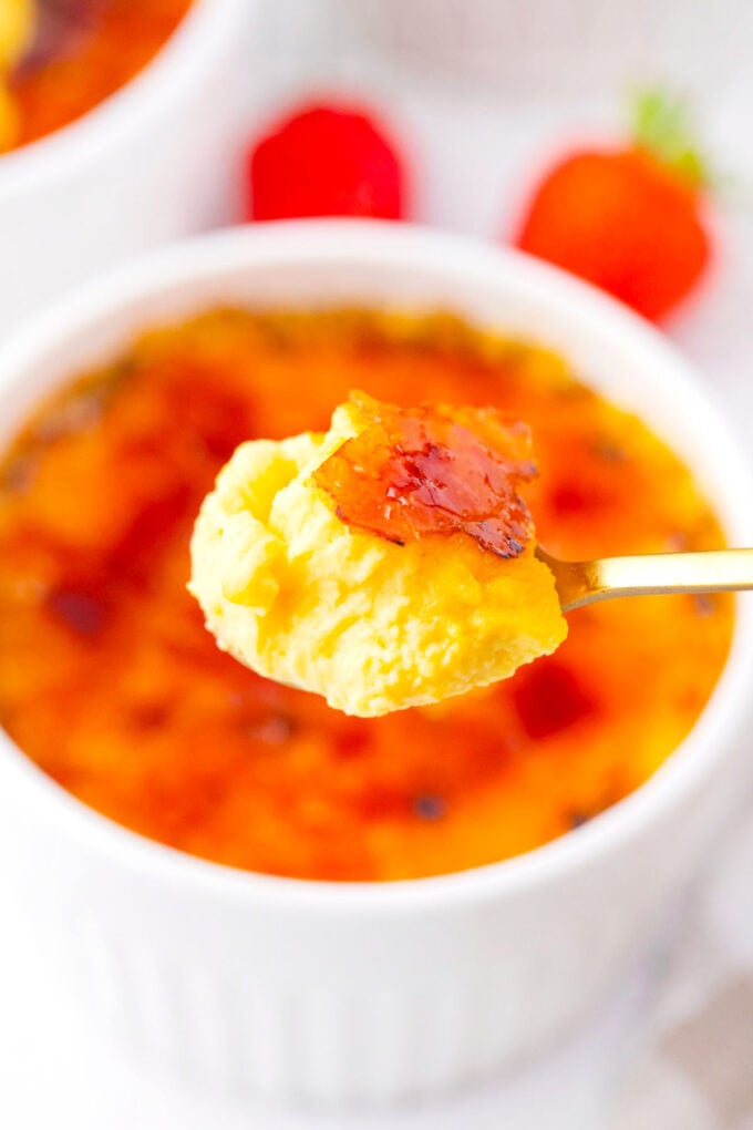 A spoonful of homemade creme brulee.