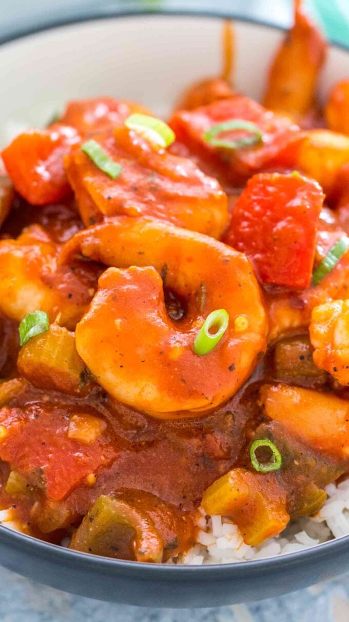 Shrimp creole over white rice photo. 