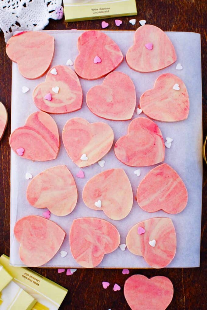 heart shaped fudge with heart sprinkles