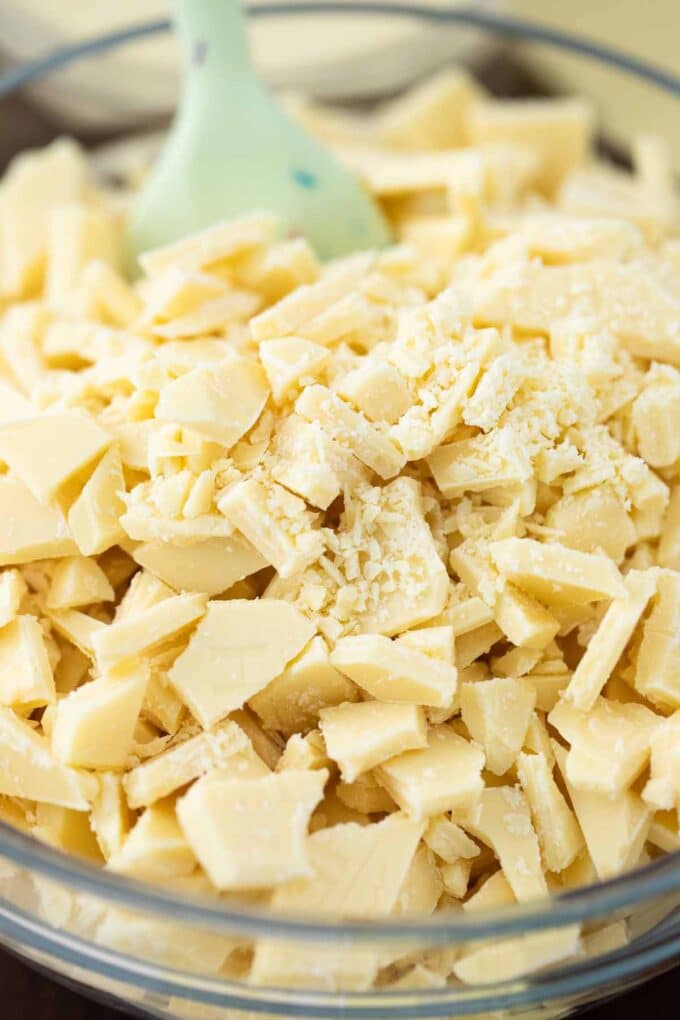 chopped white chocolate in a bowl